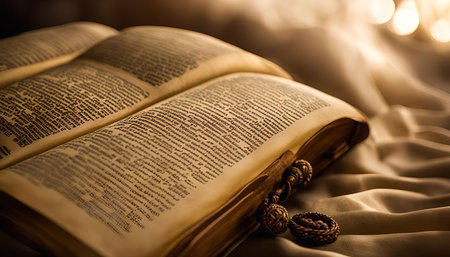 A closeup of an open antique book with yellowed pages, the details of the binding are prominent. The...