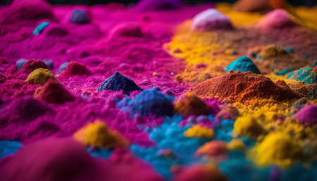 A close-up of vibrant powdered pigment, creating an abstract landscape with a rich texture and colorful hues.の写真素材