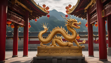 A golden dragon statue stands proudly in the courtyard of a traditional Chinese temple. The dragon, a mythical creature symbolizing power and wisdom in Chinese culture, is intricately carved with intricate details and adorned with a golden finish.の写真素材