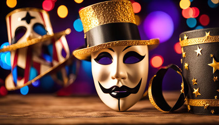 A captivating tableau of carnival masks, adorned with vibrant colors and intricate details, evokes a sense of festivity and celebration. These masks are symbols of mystery, identity, and transformation.の写真素材