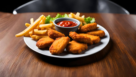 Close-up shot of a plate of crispy chicken nuggets, golden French fries, and a small bowl of ketchup on a wooden table.の写真素材