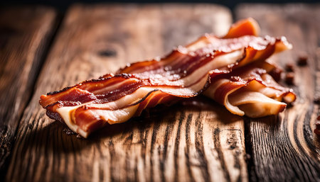 A close-up shot of crispy bacon strips on a rustic wooden table, the light catching the fat and making it glisten.の写真素材