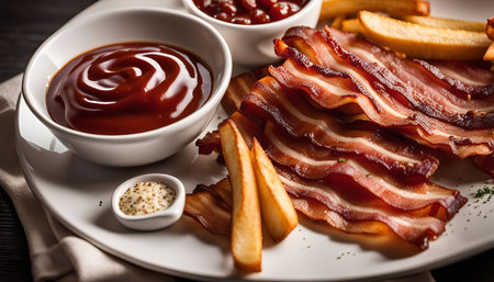 A plate of crispy bacon with dipping sauces on a white plate. The bacon is fried and golden brown and looks delicious.の写真素材