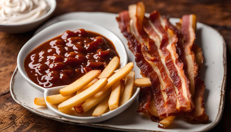 A plate of crispy bacon, golden fries, and a bowl of dip on a wooden table.の写真素材