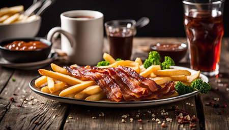 A plate of crispy bacon and french fries on a wooden table with a glass of cola in the background.の写真素材