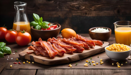 A close-up shot of crispy bacon on a rustic wooden table, surrounded by various ingredients like tomatoes, oranges, basil, and peas. The still life is beautifully lit, emphasizing the warm colors and the rustic feel of the scene.の写真素材
