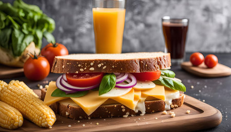 A close-up of a delicious cheese sandwich with tomato, onion, and basil on a wooden cutting board.の写真素材