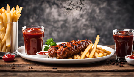 A close-up shot of a plate with grilled sausage, french fries and ketchup.の写真素材