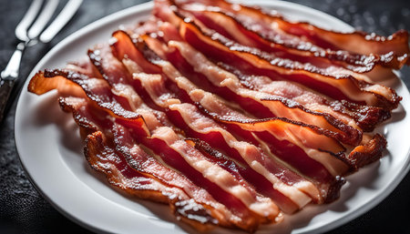 Close up shot of crispy bacon strips on a white plate.