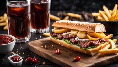 A close up of a delicious sub sandwich with french fries and colaの写真素材