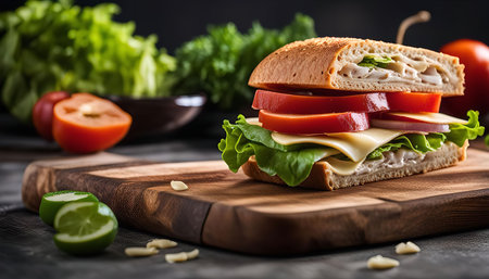 A close-up of a delicious turkey sandwich on a wooden cutting board, with fresh ingredients, such as tomatoes, cheese, lettuce, and lime.の写真素材