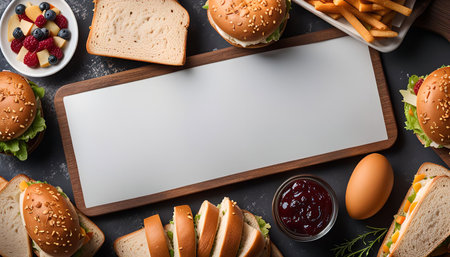 A flat lay image featuring delicious sandwiches, burgers, and other ingredients like an egg, jam, and fruit, with a blank whiteboard in the center for text or branding.の写真素材