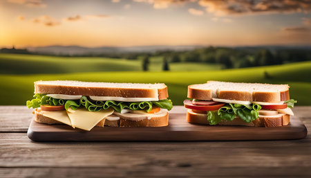 Two freshly made sandwiches on a wooden table, with a beautiful sunset and rolling hills in the background.の写真素材