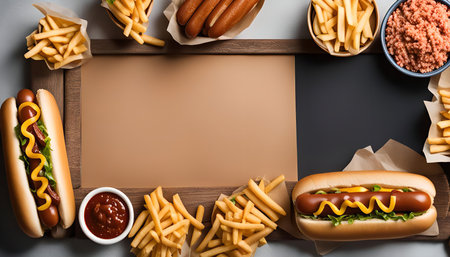 A flat lay shot of hot dogs, french fries, ketchup and mustard on a wooden surface.の写真素材