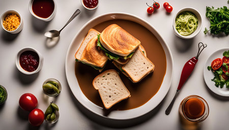 Overhead shot of a sandwich with sauce and sides on a white surfaceの写真素材