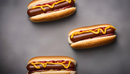 Three hot dogs with mustard and ketchup on a gray patterned background.の写真素材