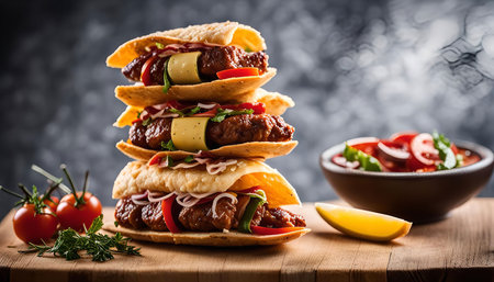 Close-up of a mouthwatering stack of kebabs nestled in warm pita bread, adorned with colorful fresh vegetables. The aroma of grilled meat and the vibrant hues of the salad evoke a delightful culinary experience.の写真素材