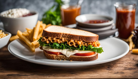 A close-up shot of a delicious sandwich with tomato, lettuce, cheese and a creamy sauce on a white plate with french friesの写真素材