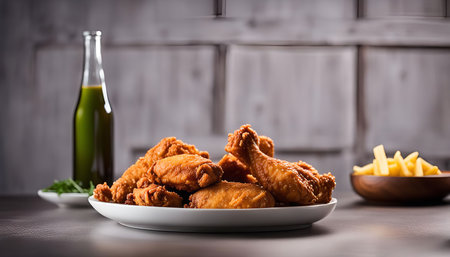 Close up shot of a plate of crispy fried chicken legs and a bowl of french fries on a gray background.の写真素材
