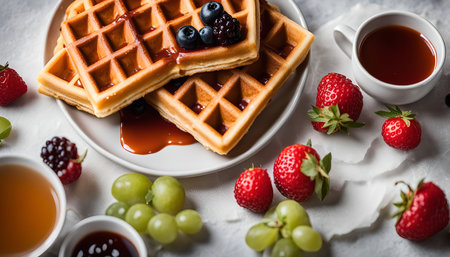 A plate of delicious waffles topped with fresh fruit and syrup. The waffles are golden brown and crispy, and the fruit is bright and colorful. The syrup is drizzled over the waffles and adds a touch of sweetness. This image is perfect for promoting a breakfast or brunch menu.の写真素材