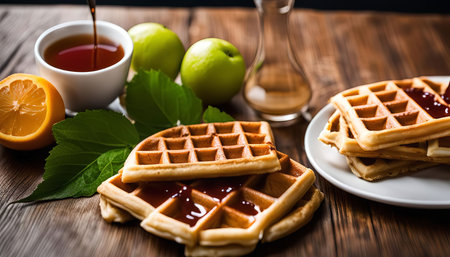 A delicious breakfast of waffles with syrup and fruit on a wooden table, served with a cup of tea and green apple and orange on the side.の写真素材