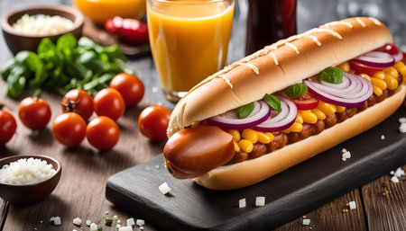 A delicious hot dog topped with corn, onion, tomato, and basil, perfect for a quick and easy mealの写真素材