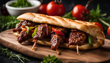 A grilled meat sub with peppers and tomatoes on a wooden board.の写真素材