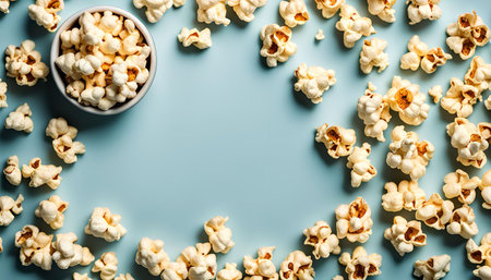A bowl of popcorn with scattered pieces on a blue background. Perfect for movie night or snack time.の写真素材