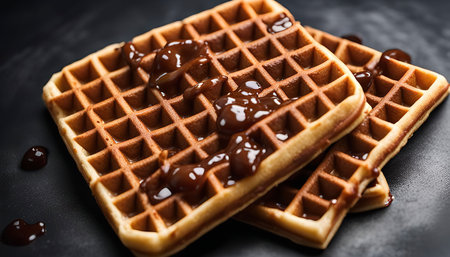 Two waffles drizzled with chocolate sauce, a sweet treat for any occasion.の写真素材