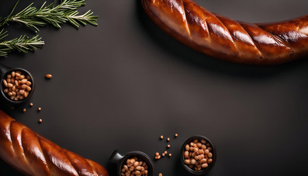 A close-up shot of a freshly baked bread with rosemary and beans on a black backgroundの写真素材