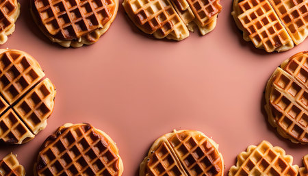 Close-up of fresh golden waffles arranged around a pink background.の写真素材