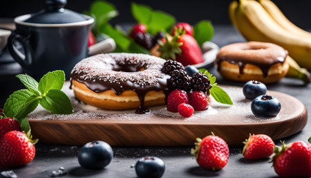 A delicious chocolate glazed donut topped with fresh berries and sprinkled with powdered sugar. This sweet treat is a perfect indulgence for any occasion.の写真素材