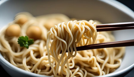 A close-up image of noodles being lifted from a bowl with chopsticks, showing the texture and details of the dish.の写真素材