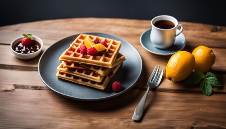 A stack of waffles topped with lemon slices and raspberries. The waffles are on a gray plate with a fork and a cup of coffee. There are also some lemons on the table.の写真素材