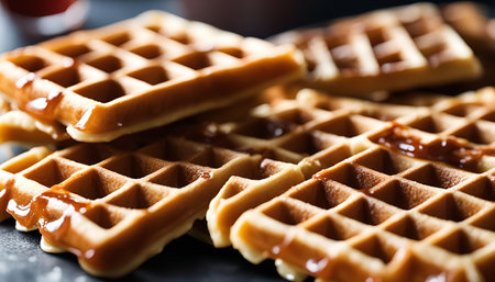 A stack of delicious golden brown waffles topped with caramel syrup, ready to be enjoyed.の写真素材