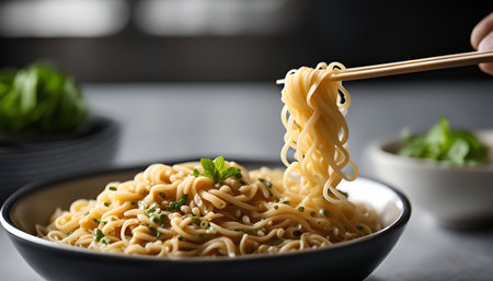 A bowl of noodles being picked up by chopsticks.の写真素材