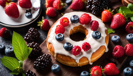 Close up image of a glazed donut with fresh berries like strawberries, raspberries, blueberries and blackberries.の写真素材
