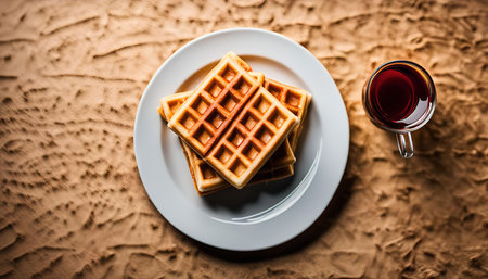 A plate of waffles and a cup of tea on a brown background.の写真素材
