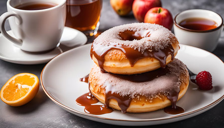 Two donuts topped with chocolate glaze and powdered sugar, sitting on a white plate with a cup of tea and a slice of orange in the backgroundの写真素材