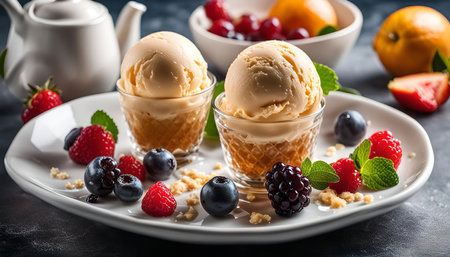 Two scoops of vanilla ice cream nestled in glass bowls, adorned with a medley of fresh berries, a touch of syrup, and a sprinkle of crumbs. This delicious dessert embodies the essence of a refreshing summer treat.の写真素材