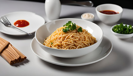 A bowl of noodles with cilantro on top, ready to be enjoyed. The bowl is on a table with other plates and sauces.の写真素材