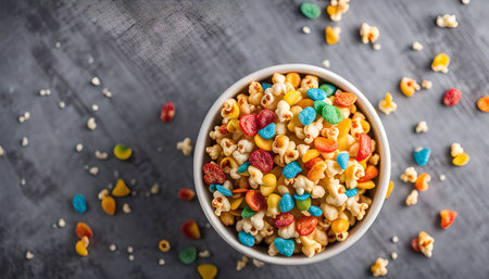 A white bowl filled with popcorn and colorful sprinkles. The popcorn is a perfect snack for a movie night or a party.の写真素材
