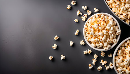 A top view of popcorn in white bowls on a dark gray background. The popcorn is fluffy and appears to be freshly made.の写真素材