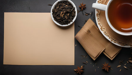 A cup of tea with tea leaves and a blank card on a black surface, capturing the essence of relaxation and simple pleasures.の写真素材