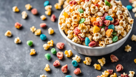 Close-up of a white bowl filled with popcorn and colorful candy sprinkles, a perfect movie night treat.の写真素材
