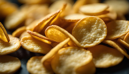A close-up shot of a pile of golden, crispy crackers, highlighting their texture and inviting appeal.の写真素材