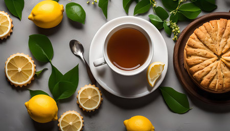 A top-down view of a cup of tea, a lemon pie, and lemons with leaves. A simple yet elegant composition, perfect for a refreshing afternoon treat.の写真素材