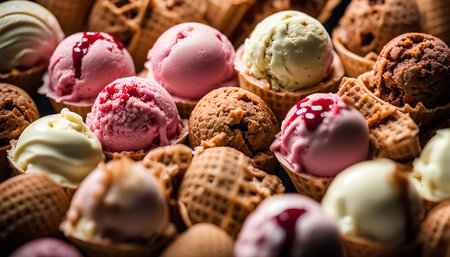 A close-up shot of various flavors of ice cream in waffle cones. The different colors and textures create a visually appealing scene. The ice cream is a popular summer treat.の写真素材