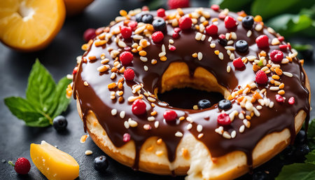 A close-up shot of a decadent chocolate glazed donut topped with colorful sprinkles and fresh berries. The donut is glistening with chocolate and the toppings are arranged in a visually appealing pattern.の写真素材