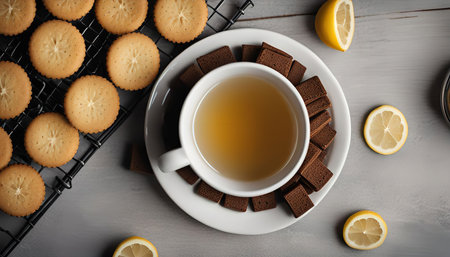 A cup of tea with lemon wedges and cookies, a perfect afternoon snack.の写真素材